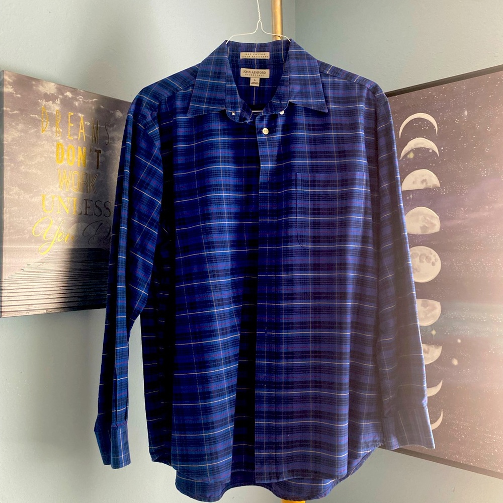 John Ashford blue and red striped button down shirt size L
